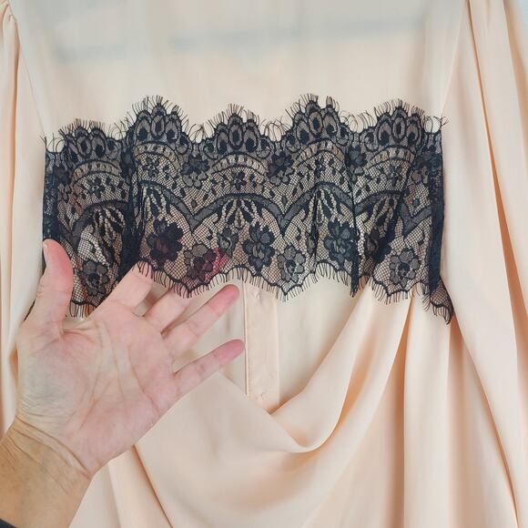 Y2K Fairy Grunge Silky Tunic Blouse M Peach w/ Black Floral Lace Sheer Open Back - Picture 4 of 14